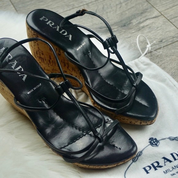 Prada Black Strappy Cork Wedge Heel - Picture 1 of 7